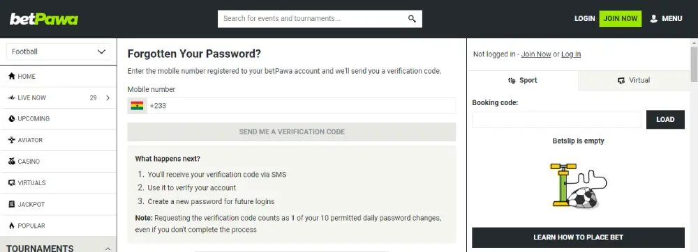 BetPawa Log In (forgotten password)